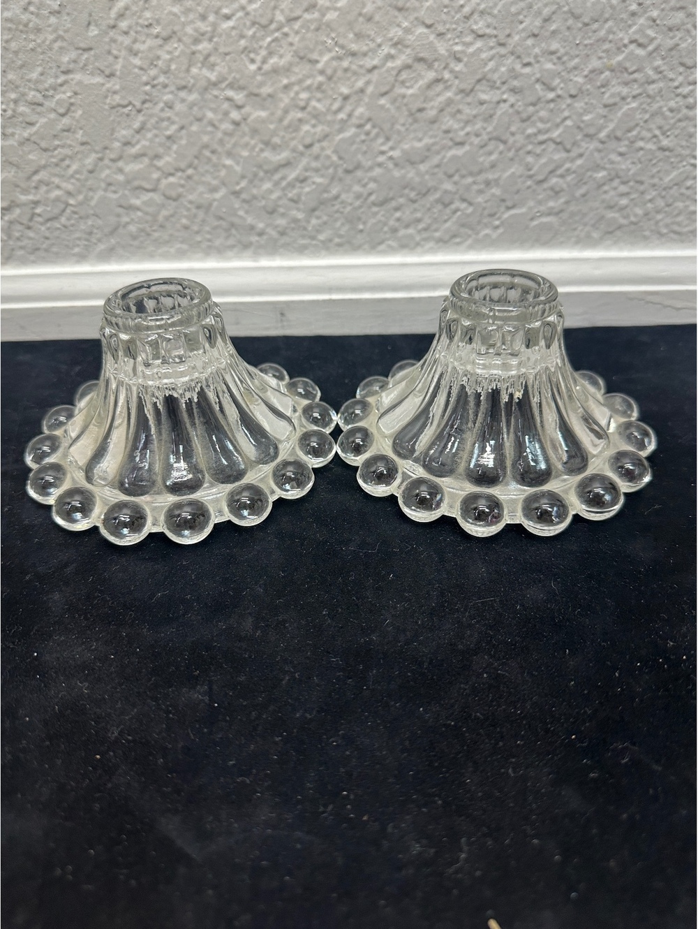 Two Anchor Hocking Berwick Boopie Clear Glass Candle Holders Moon Bubble Edge